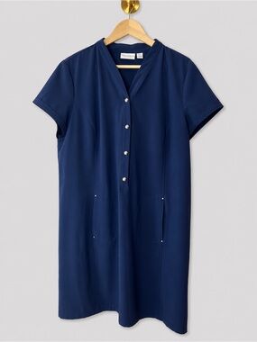 Chico’s Weekend Navy Shift Dress Short Sleeve Button Front Pockets Casual